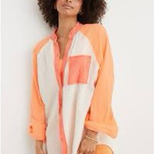 Aerie Orange and White Button Down Gauzy Shirt / Coverup. Size small